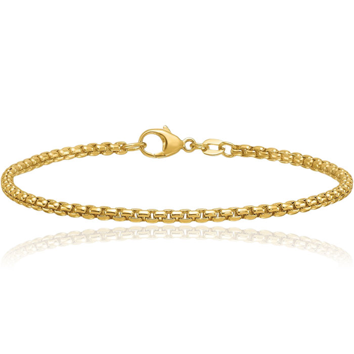 14K Solid Yellow Gold 2.7mm Round Box Link Chain Bracelet