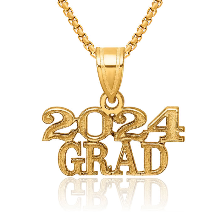 14K Solid Yellow Gold 2024 Grad Necklace Chain Pendant Charm