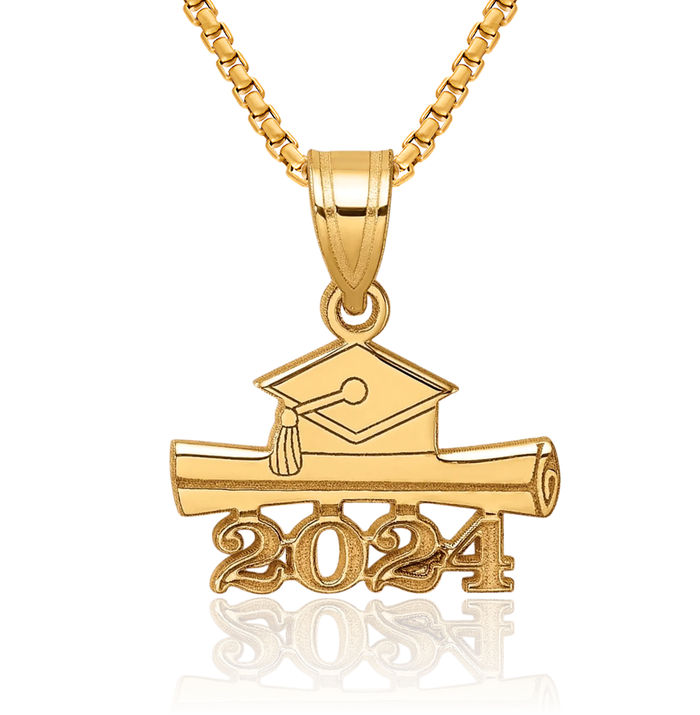 14K Solid Yellow Gold 2024 Graduation Cap Diploma Necklace Chain Pendant Charm