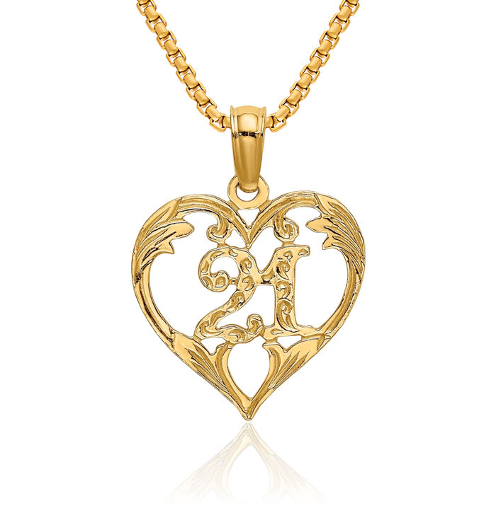 14K Solid Yellow Gold 21 Heart Necklace Love Pendant Charm