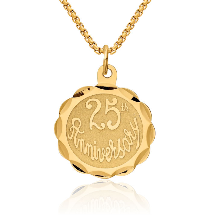 14K Solid Yellow Gold 25th Anniversary Disc Necklace Chain Pendant Charm