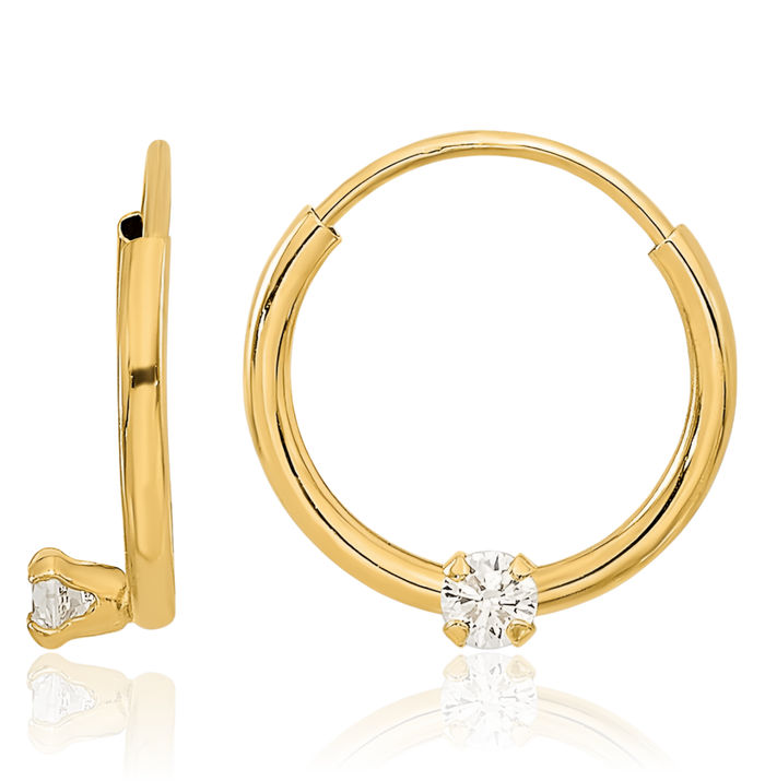 14K Solid Yellow Gold 2mm Cubic Zirconia CZ Endless Huggie Mini Hoop Earrings