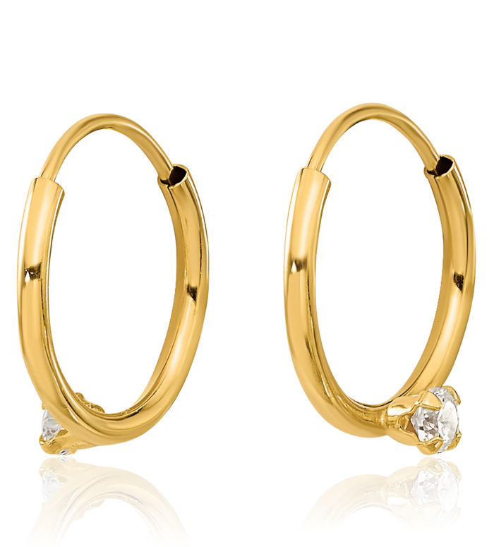 14K Solid Yellow Gold 2mm Cubic Zirconia CZ Endless Huggie Mini Hoop Earrings