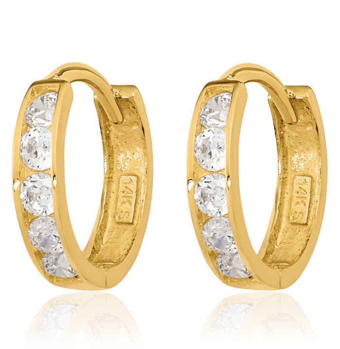 14K Solid Yellow Gold 2mm Cubic Zirconia CZ Huggie Mini Hoop Earrings