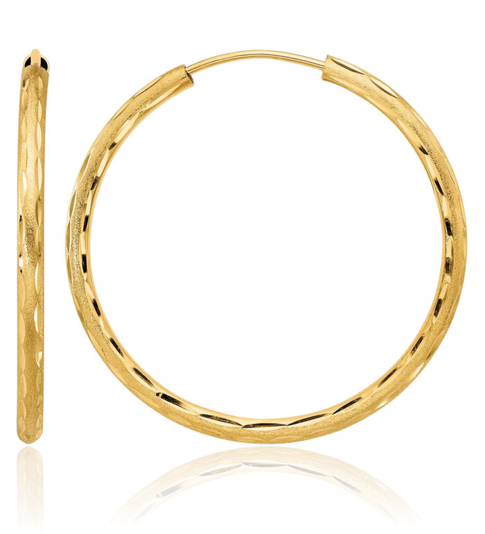 14K Solid Yellow Gold 2mm Endless Round Medium Hoop Earrings