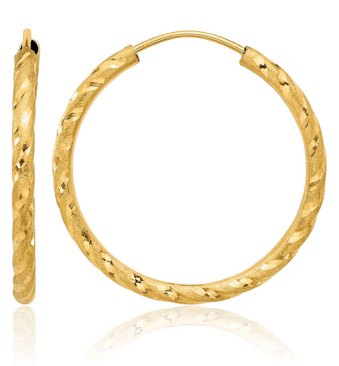 14K Solid Yellow Gold 2mm Endless Round Medium Hoop Earrings