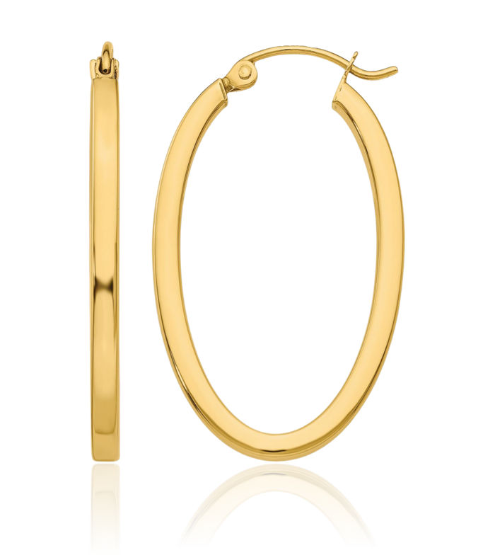 14K Solid Yellow Gold 2mm Oval Medium Hoop Earrings