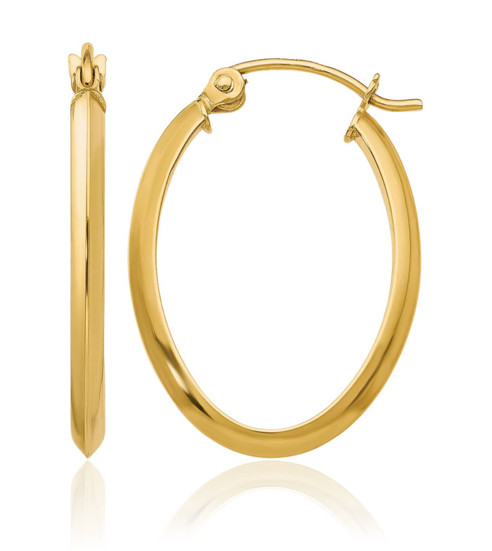 14K Solid Yellow Gold 2mm Oval Medium Hoop Earrings