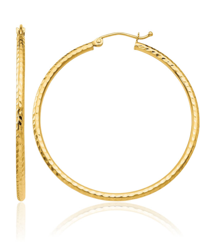 14K Solid Yellow Gold 2mm Round Tube Large Hoop Earrings