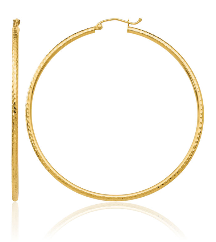 14K Solid Yellow Gold 2mm Round Tube Large Hoop Earrings