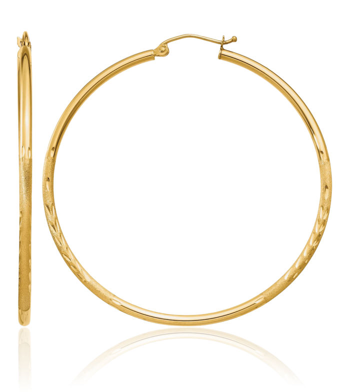 14K Solid Yellow Gold 2mm Round Tube Large Hoop Earrings