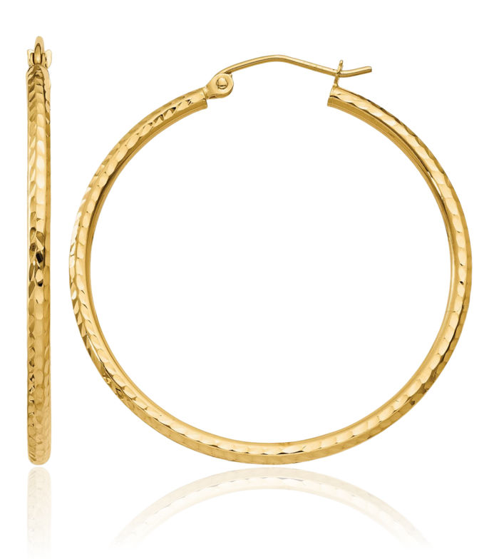 14K Solid Yellow Gold 2mm Round Tube Medium Hoop Earrings