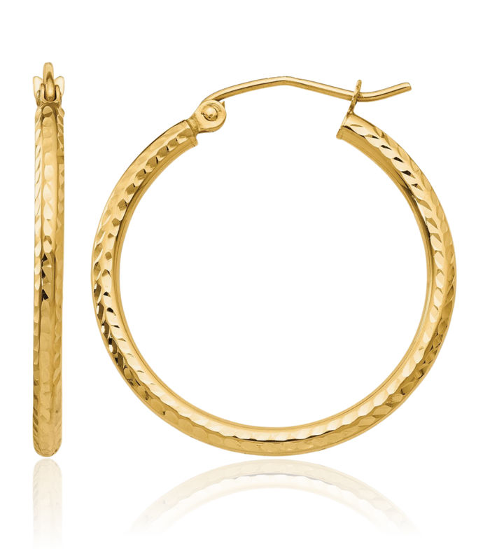 14K Solid Yellow Gold 2mm Round Tube Medium Hoop Earrings