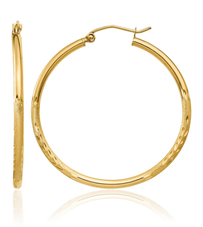 14K Solid Yellow Gold 2mm Round Tube Medium Hoop Earrings