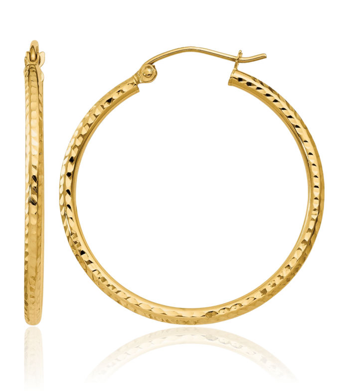 14K Solid Yellow Gold 2mm Round Tube Medium Hoop Earrings