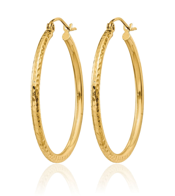 14K Solid Yellow Gold 2mm Round Tube Medium Hoop Earrings