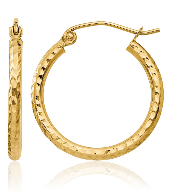 14K Solid Yellow Gold 2mm Round Tube Medium Hoop Earrings