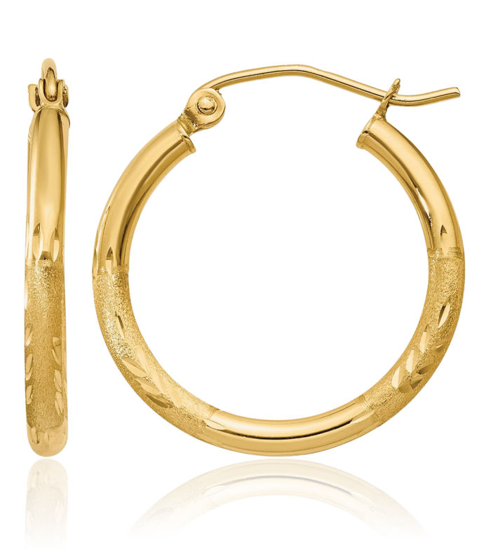 14K Solid Yellow Gold 2mm Round Tube Medium Hoop Earrings