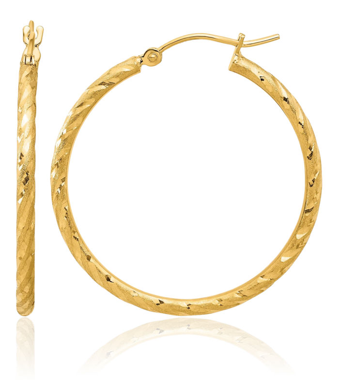 14K Solid Yellow Gold 2mm Round Medium Hoop Earrings