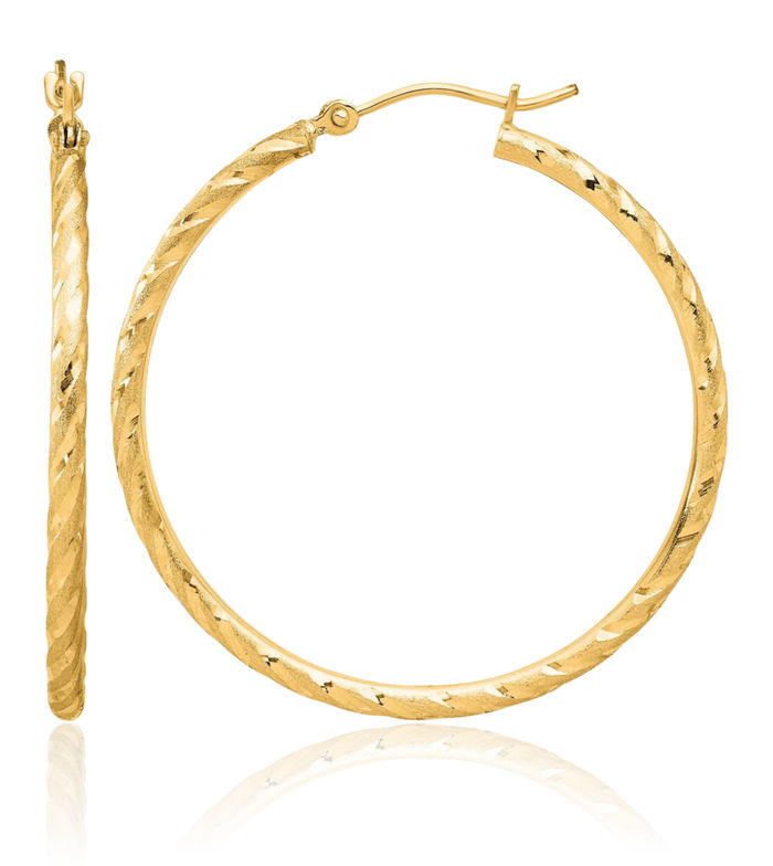14K Solid Yellow Gold 2mm Round Medium Hoop Earrings