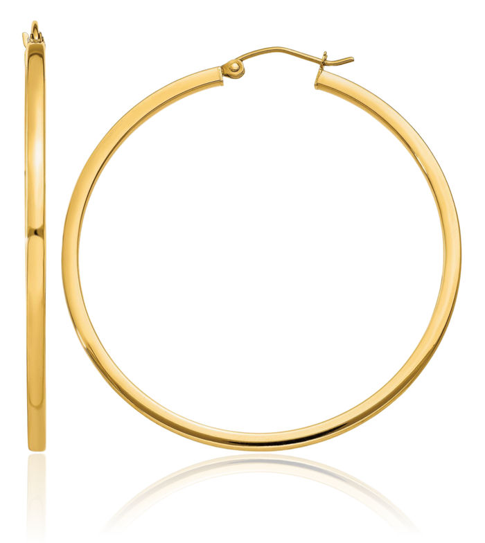 14K Solid Yellow Gold 2mm Square Tube Round Large Hoop Earrings