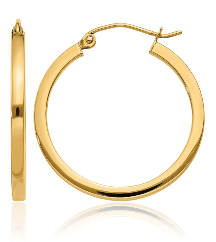 14K Solid Yellow Gold 2mm Square Tube Round Medium Hoop Earrings