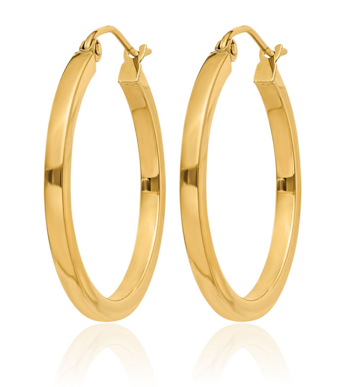 14K Solid Yellow Gold 2mm Square Tube Round Medium Hoop Earrings