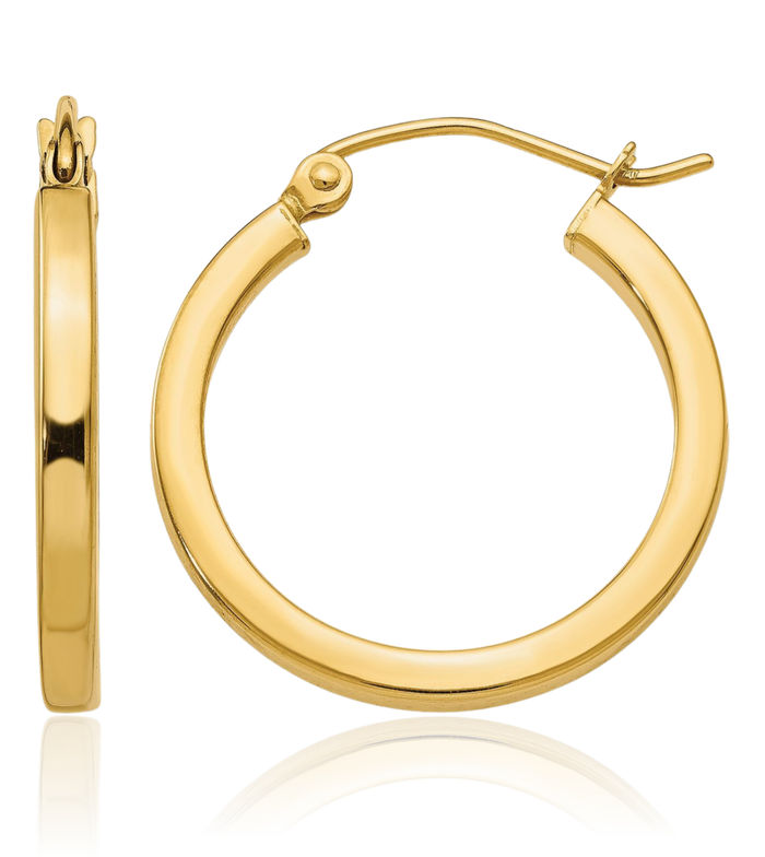 14K Solid Yellow Gold 2mm Square Tube Round Medium Hoop Earrings