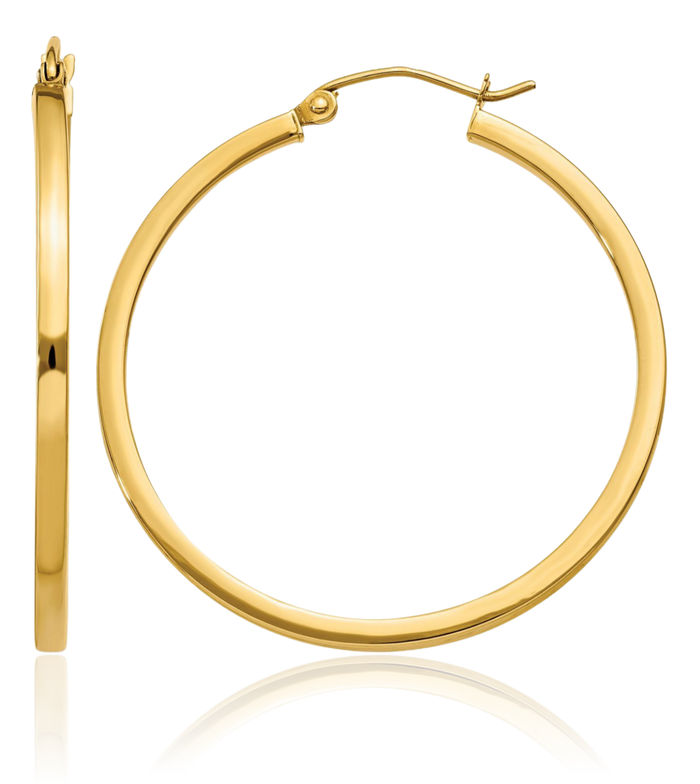 14K Solid Yellow Gold 2mm Square Tube Round Medium Hoop Earrings