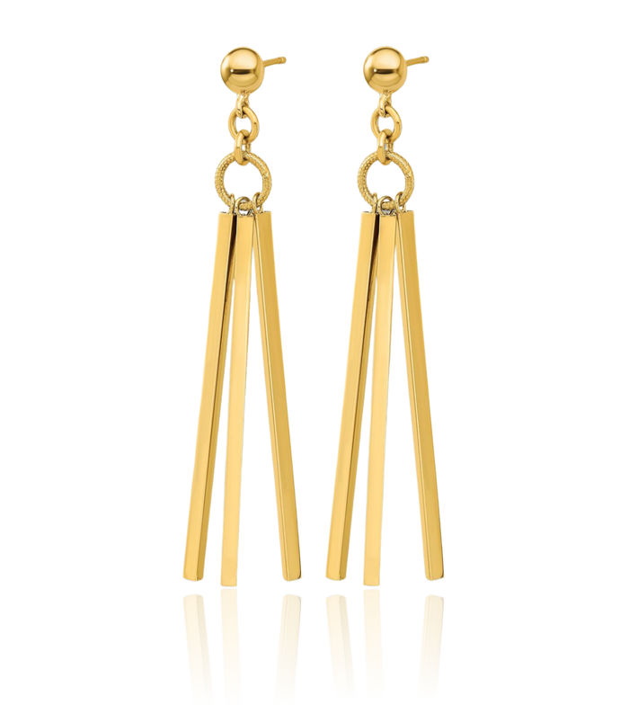 14K Solid Yellow Gold 3 Bar Post Drop Dangle Line Stud Earrings