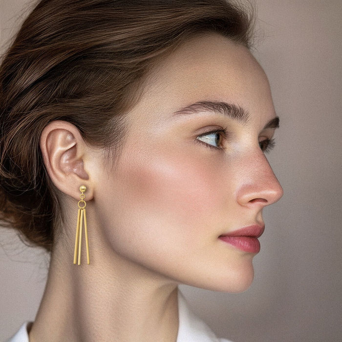 14K Solid Yellow Gold 3 Bar Post Drop Dangle Line Stud Earrings