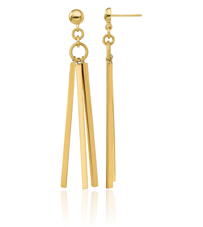 14K Solid Yellow Gold 3 Bar Post Drop Dangle Line Stud Earrings