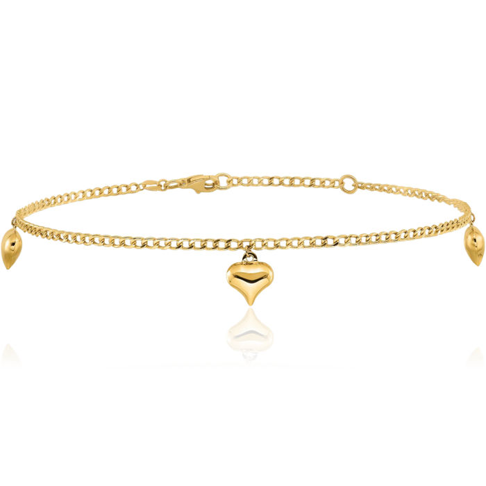 14K Solid Yellow Gold 3 Heart Anklet Summer Beach Foot Ankle Bracelet