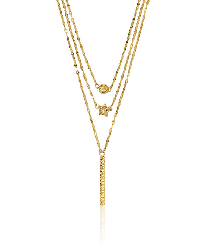 14K Solid Yellow Gold 3 Layering Bead Star Bar Chain Necklace