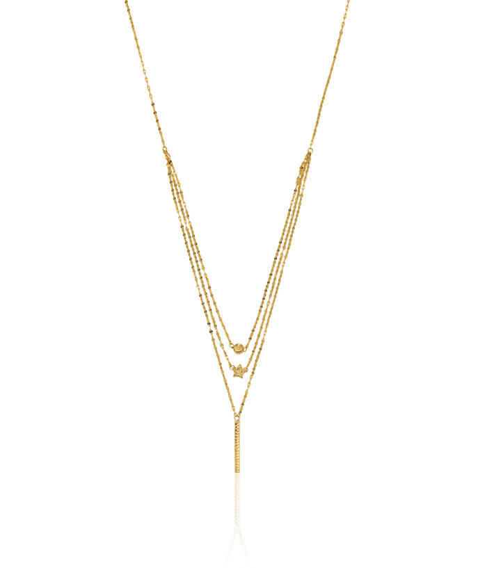 14K Solid Yellow Gold 3 Layering Bead Star Bar Chain Necklace