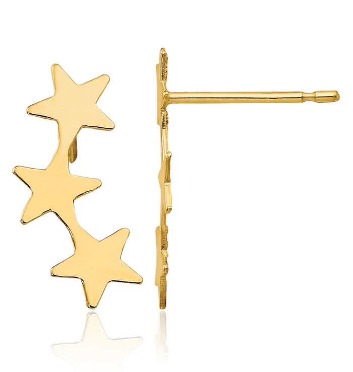 14K Solid Yellow Gold 3 Star Stud Earrings