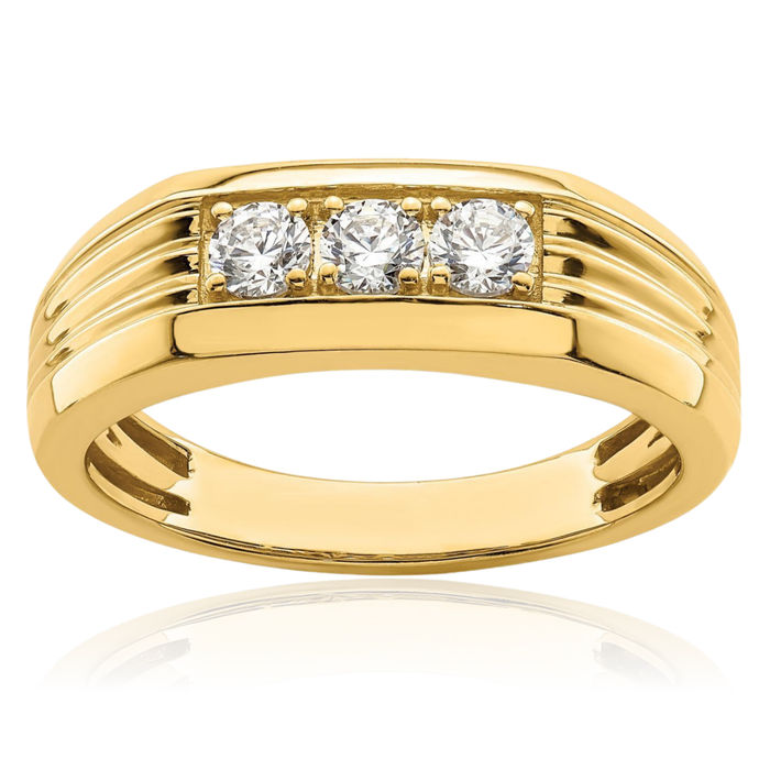 14K Solid Yellow Gold 3 Stone Diamond Mens Wedding Band Ring