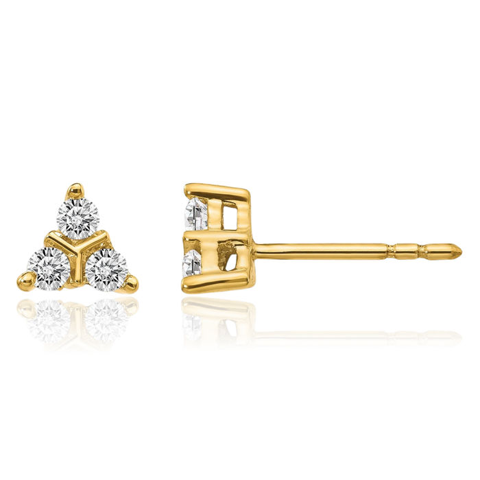 14K Solid Yellow Gold 3 Stone Diamond Triangle Stud Earrings