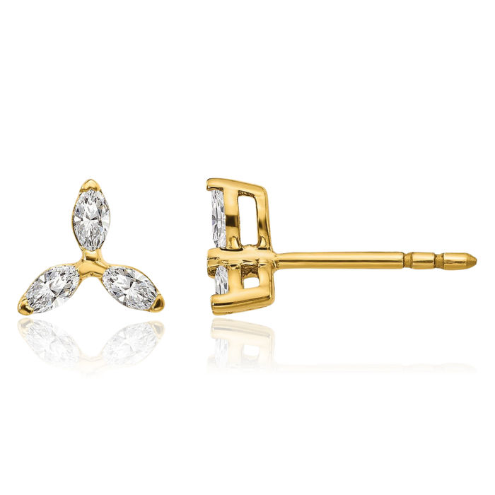 14K Solid Yellow Gold 3 Stone Diamond Triangle Stud Earrings