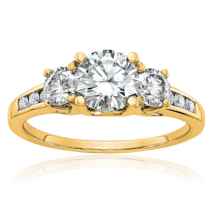 14K Solid Yellow Gold 3 Stone Side Stones Moissanite Engagement Ring