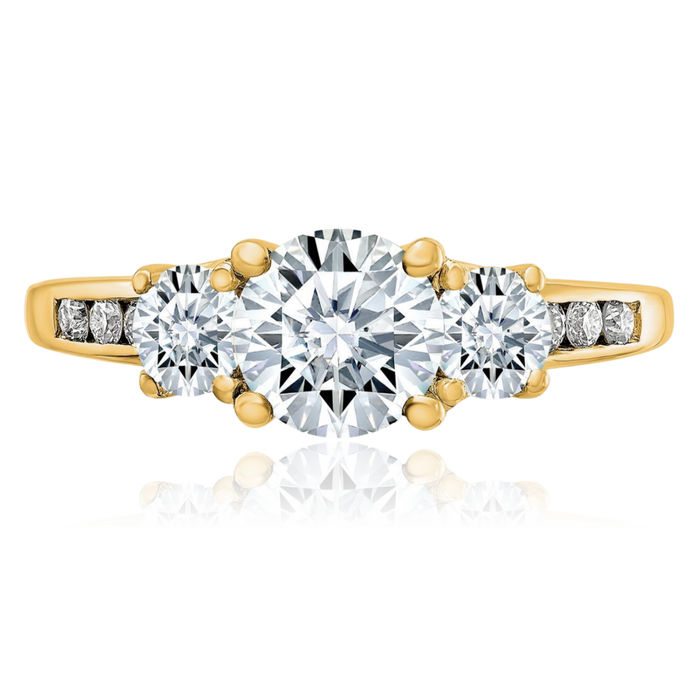 14K Solid Yellow Gold 3 Stone Side Stones Moissanite Engagement Ring