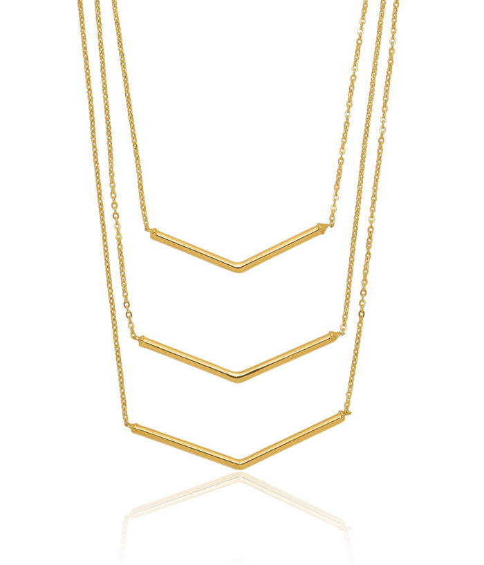 14K Solid Yellow Gold 3 Strand W Drop Bar Chain Necklace