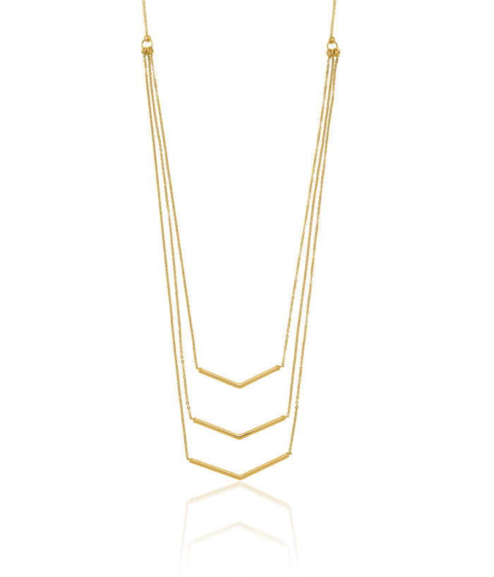 14K Solid Yellow Gold 3 Strand W Drop Bar Chain Necklace