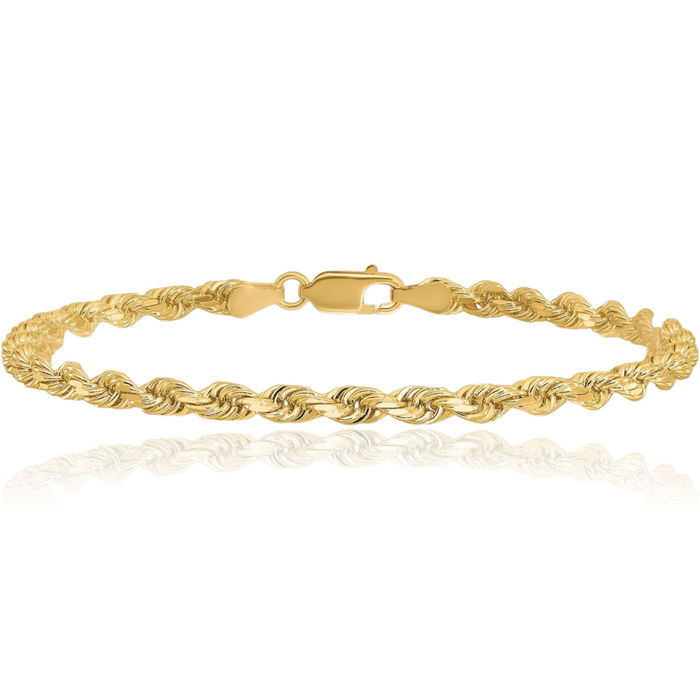 14K Solid Yellow Gold 3.25mm Rope Chain Bracelet