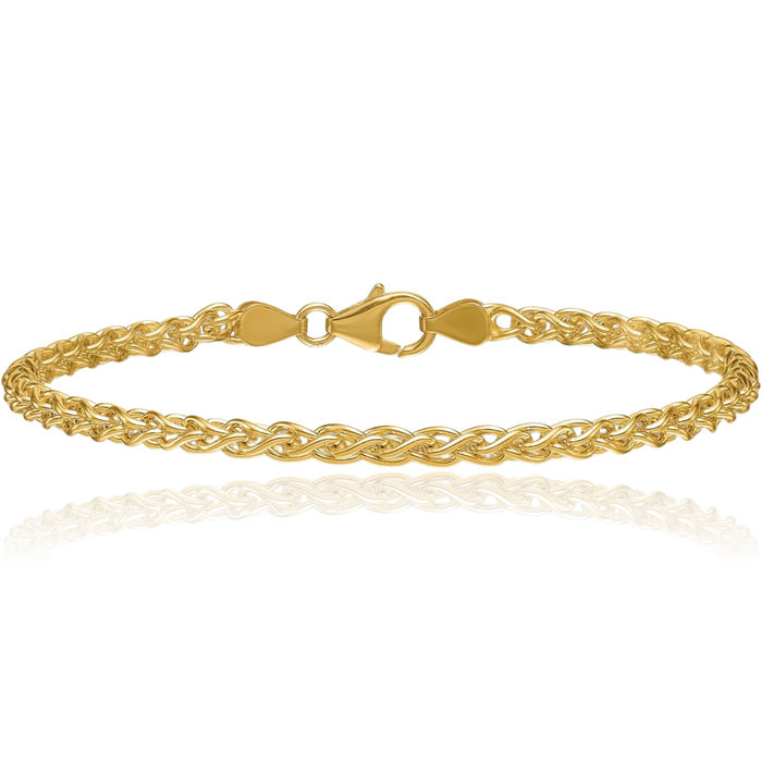 14K Solid Yellow Gold 3.3mm Spiga Wheat Link Chain Bracelet