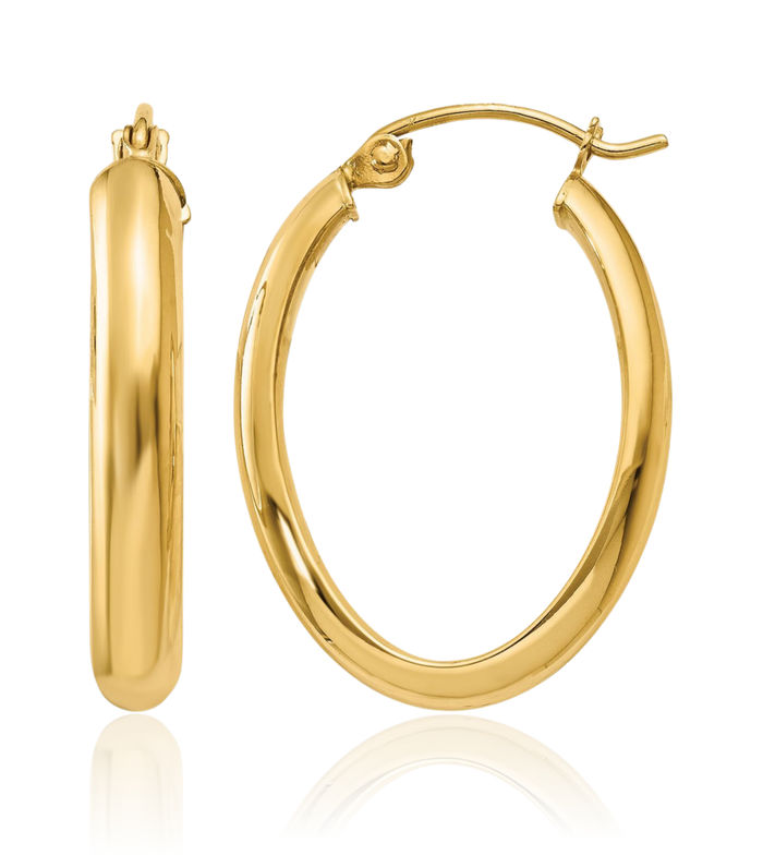 14K Solid Yellow Gold 3.5mm Oval Medium Hoop Earrings