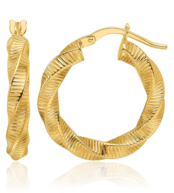 14K Solid Yellow Gold 3.5mm Twisted Round Medium Hoop Earrings