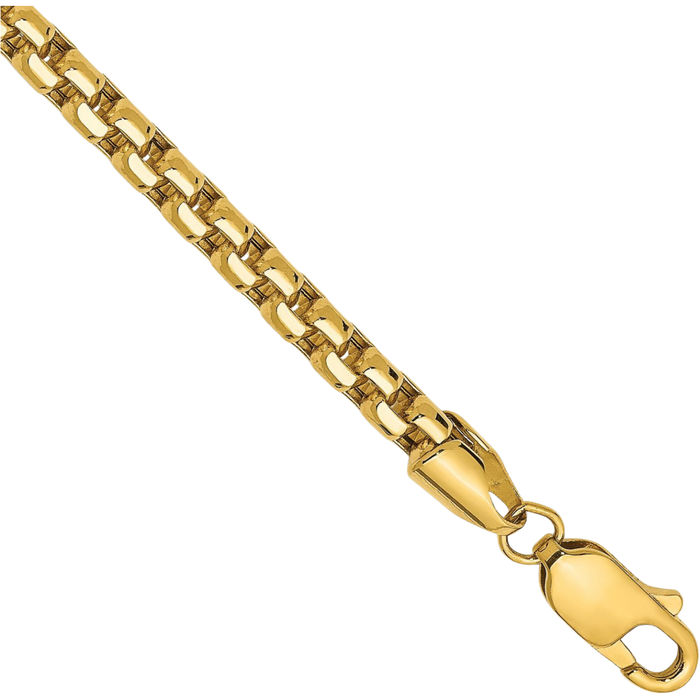 14K Solid Yellow Gold 3.6mm Round Box Link Chain Bracelet