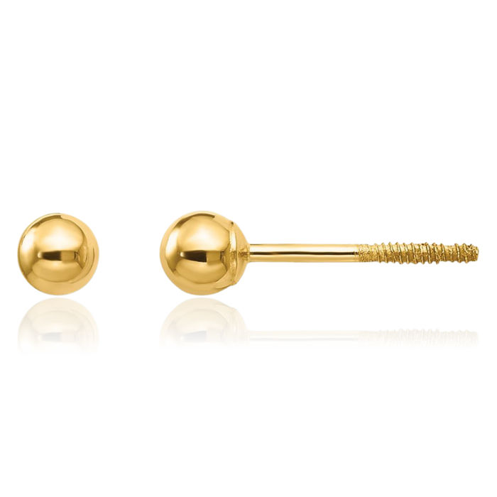 14K Solid Yellow Gold 3mm Ball Screw Back Stud Earrings