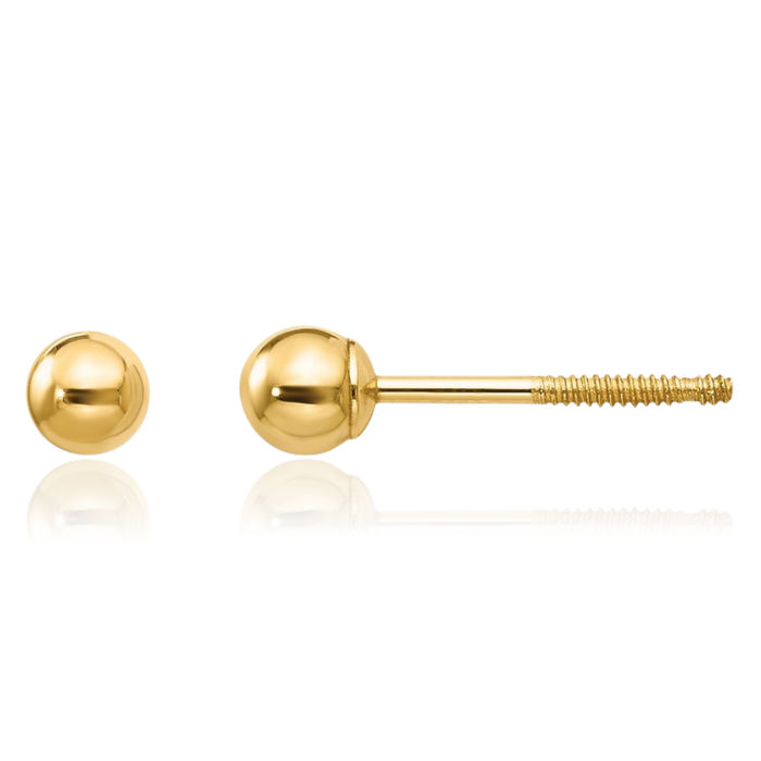 14K Solid Yellow Gold 3mm Ball Screw Off Back Stud Earrings